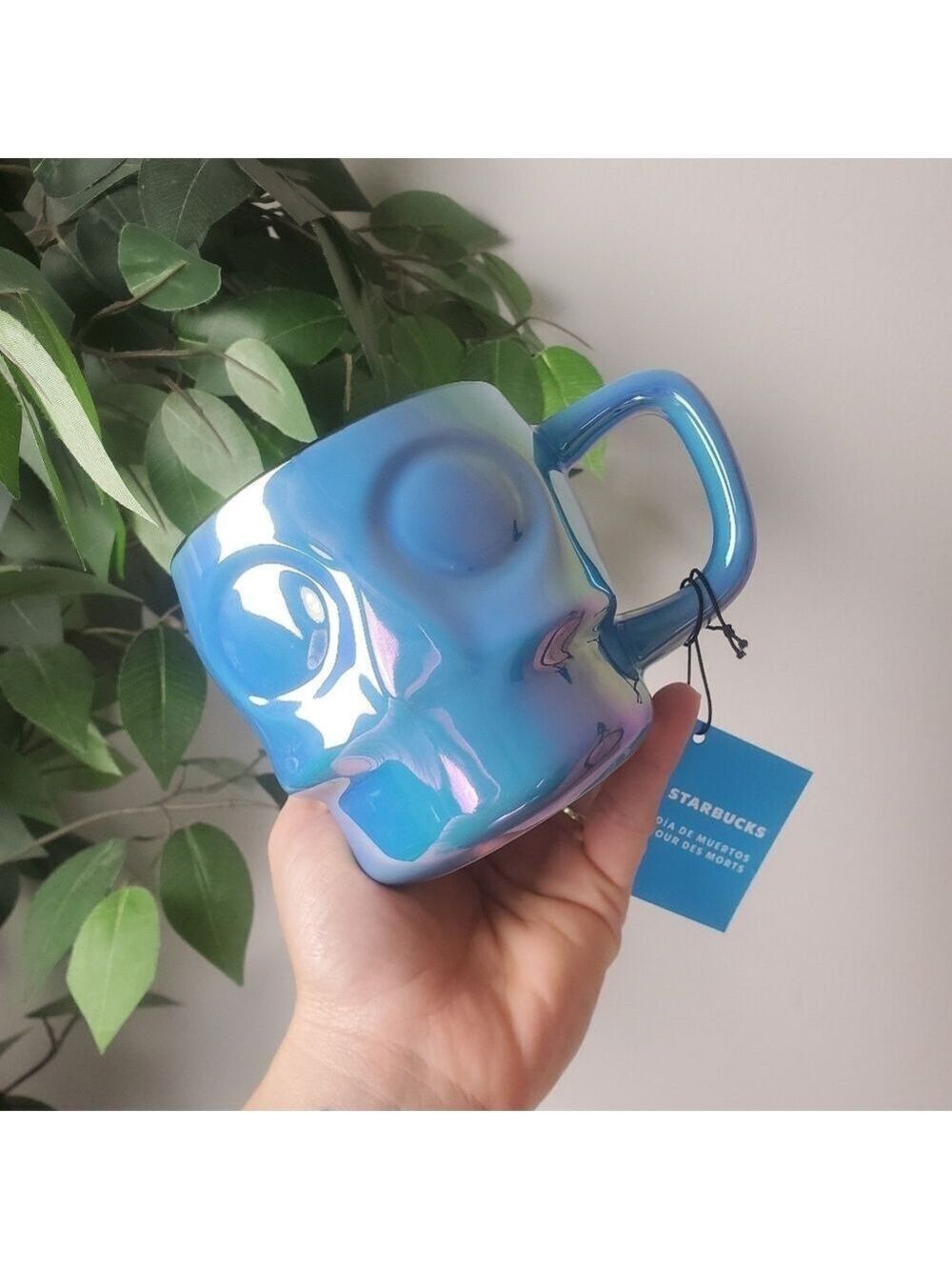 NWT Starbucks Halloween 2025 Blue Iridescent Holographic Sugar Skull Ceramic Mug